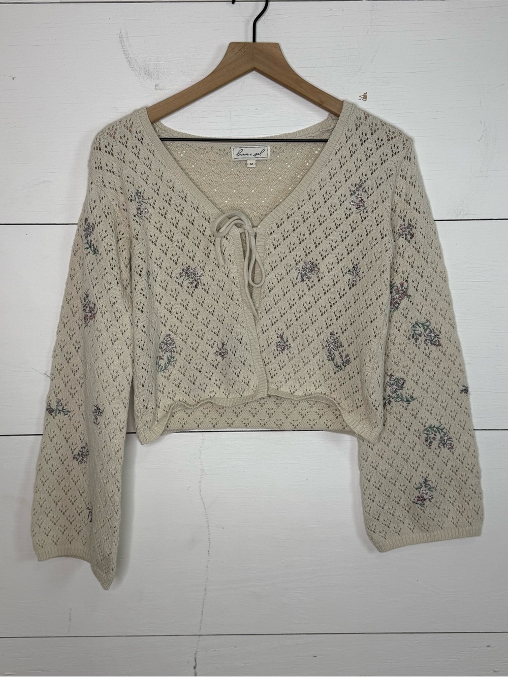 Luna x Sol • Crochet Tie-Front Cream Women's Floral Embroidered Sweater Medium